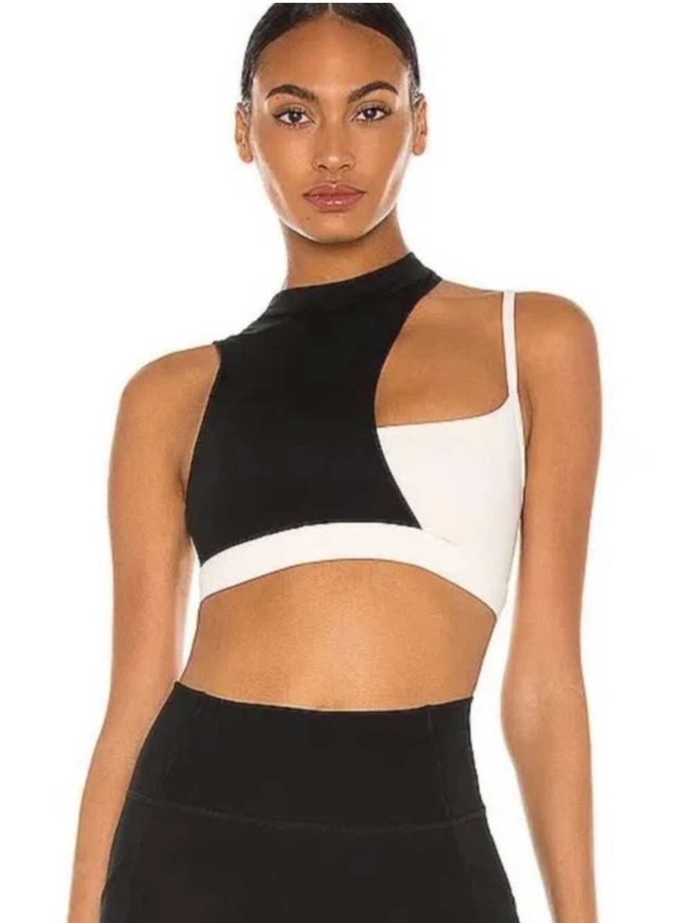 Le Ore Asymmetrical Black & White Cutout Crop Top Sports Bra